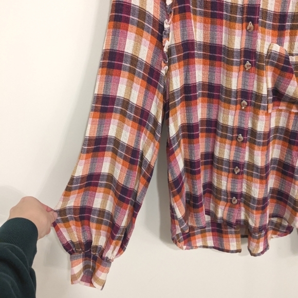 Anthropologie Pilcro Breezy Raspberry Plaid Flannel Button Up Shirt Puff Sleeve - Picture 3 of 8